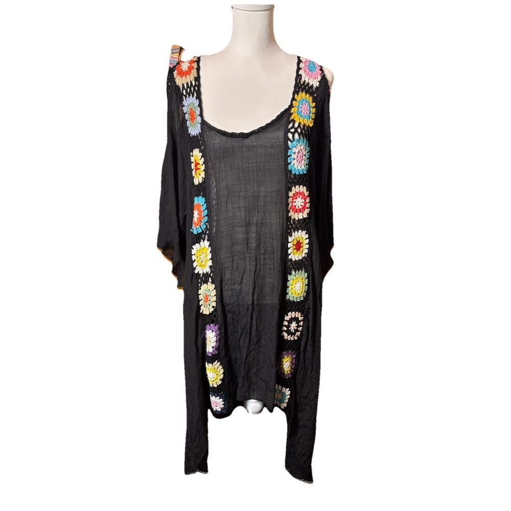 Cellabie Swimsuit Coverup Dress Womens One Size Black Granny Square Boho Crochet